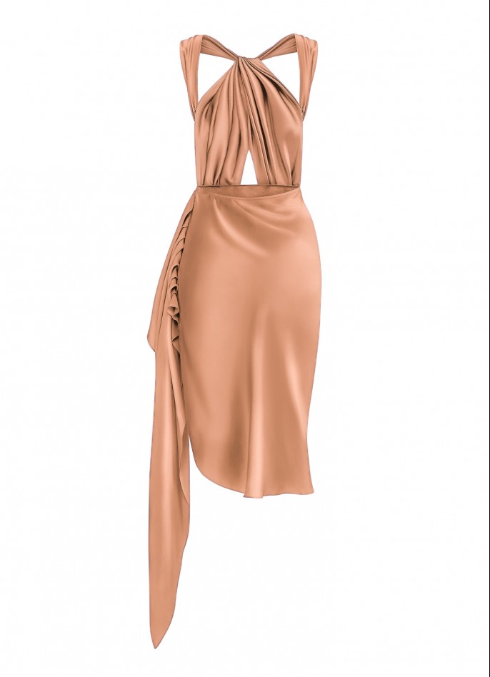 PRE-ORDER : DRAPED SILK SATIN BACKLESS DRESS - CARAMEL